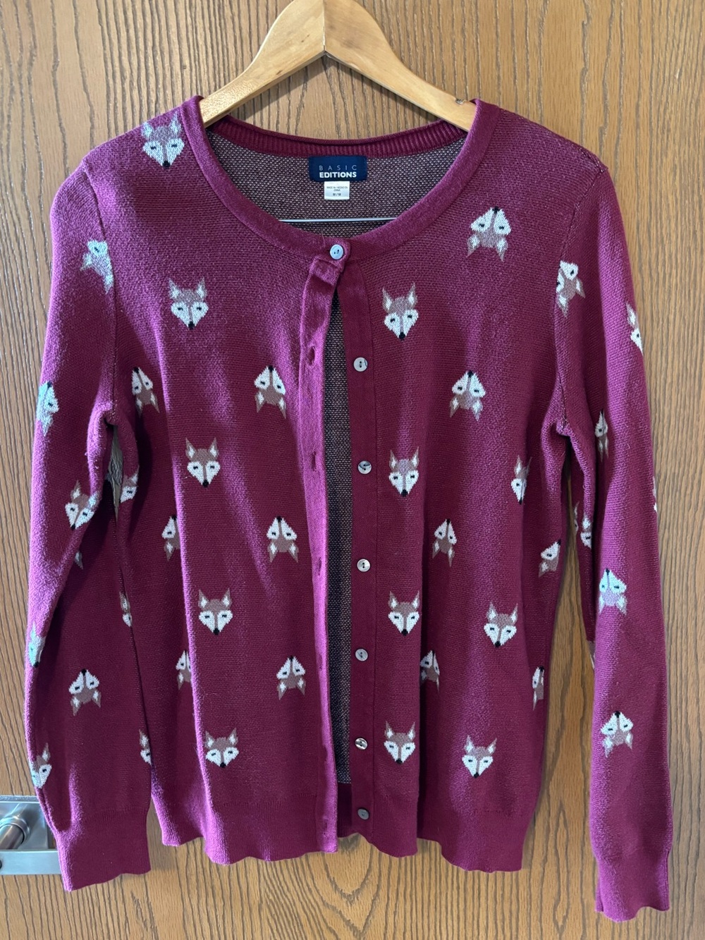 Basic Editions Burgundy Fox Print Button Front Cardigan